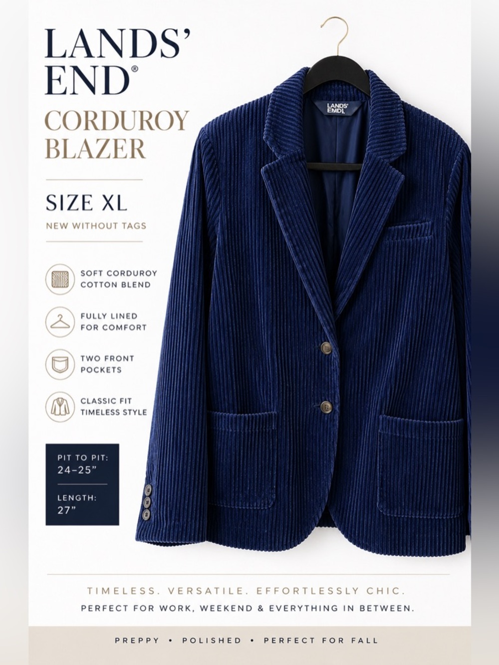 Lands’ End Corduroy Blazer XL NWOT | Preppy Dark Academia Jacket | Fully Lined